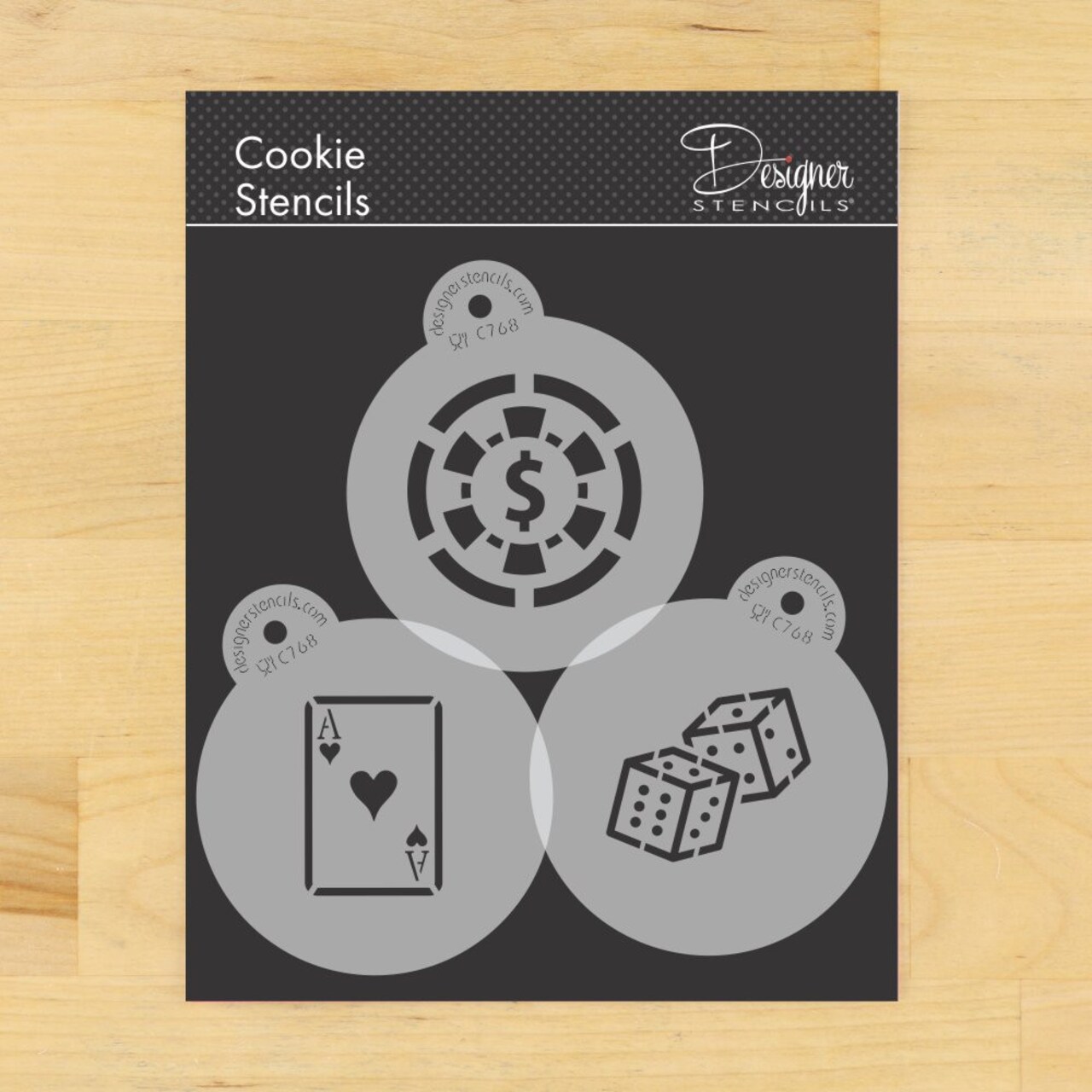Casino Night Cookie Stencil Set: Dice, Cards, Poker Chip | C768 by Designer Stencils | Cookie Decorating Tools | Baking Stencils for Royal Icing, Airbrush, Dusting Powder | Reusable Plastic Food Grade Stencil for Cookies | Easy to Use & Clean Stencil